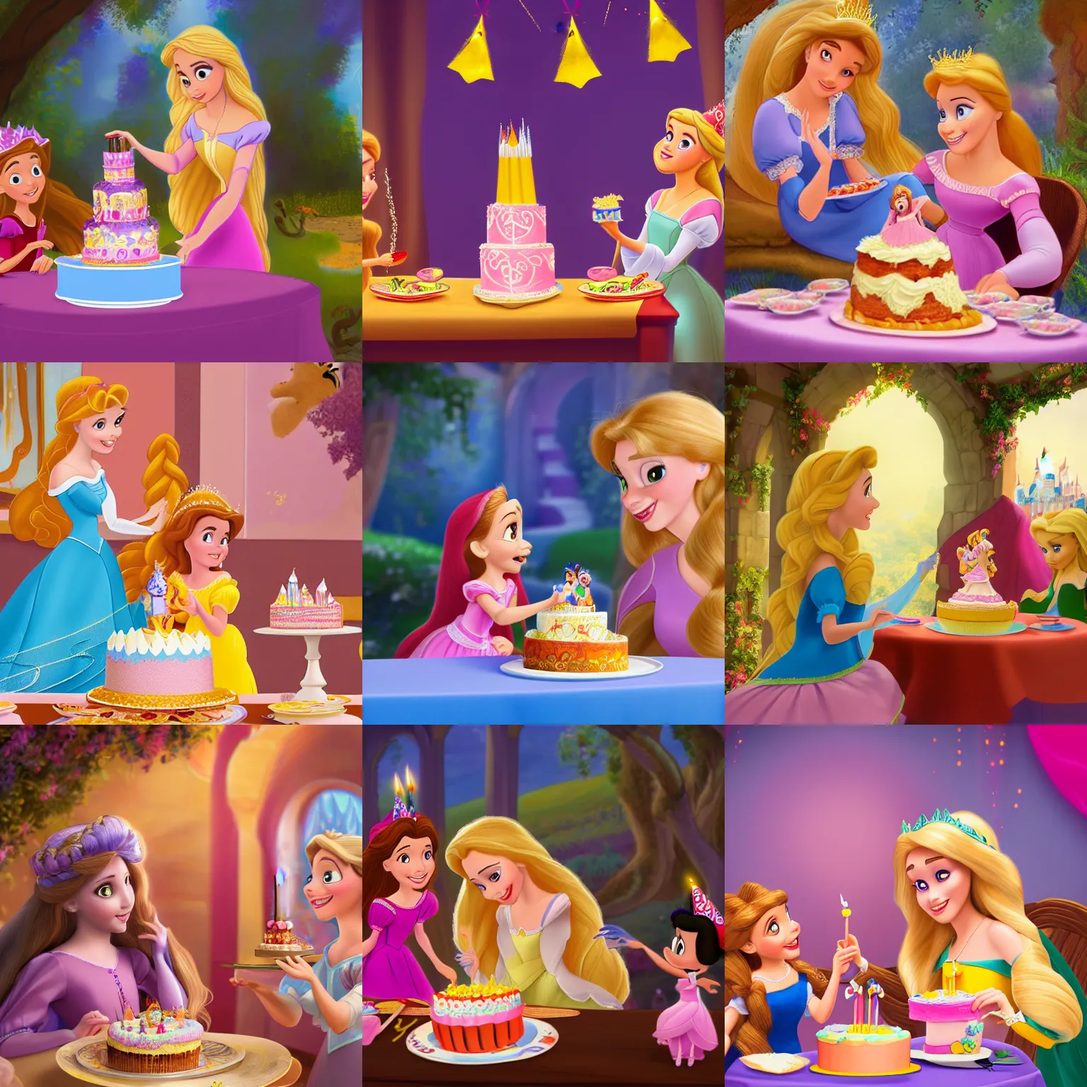 Prompt: a children's book illustration of disney princess sophia with rapunzel at a birthday party eating cake. brightly lit scene. this 4 k hd image is trending on artstation, featured on behance, well - rendered, extra crisp, features intricate detail, epic composition and the style of unreal engine.
