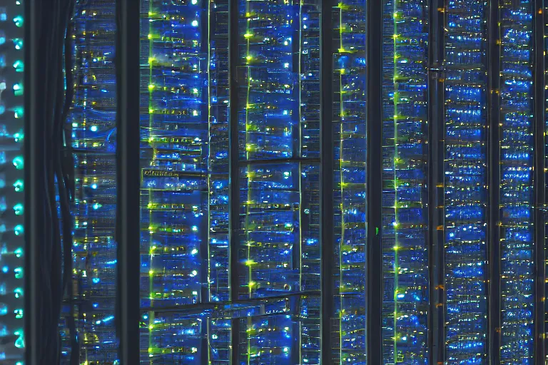 Prompt: a moodily lit close - up photo of a datacenter server with many network cables connected in transceivers and led lights, blurry background, f 2. 8, artstation, macro photography