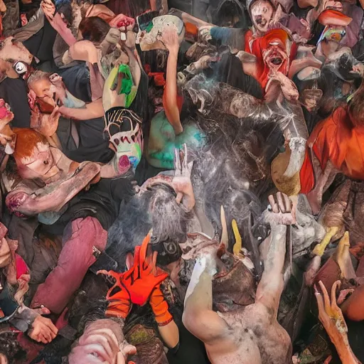 Image similar to abstract mosh pit, slam dancing creatures, circle pit demons, violent zombie dance, violent protest, war photography, high detail, 4 k