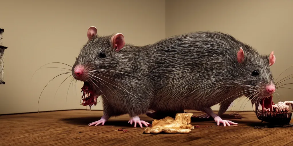 Image similar to a highly detailed photographic render of a human size rat eating a corpse in a living room, scary, gore, blood, rat man, horror sci-fi, horror science fiction, biology, horror, cinematic, cinematic horror, cinematic lighting, cinematic scene, cinematic render, film, horror film, beautifully lit, ray traced, octane 3D render, octane render, unreal engine