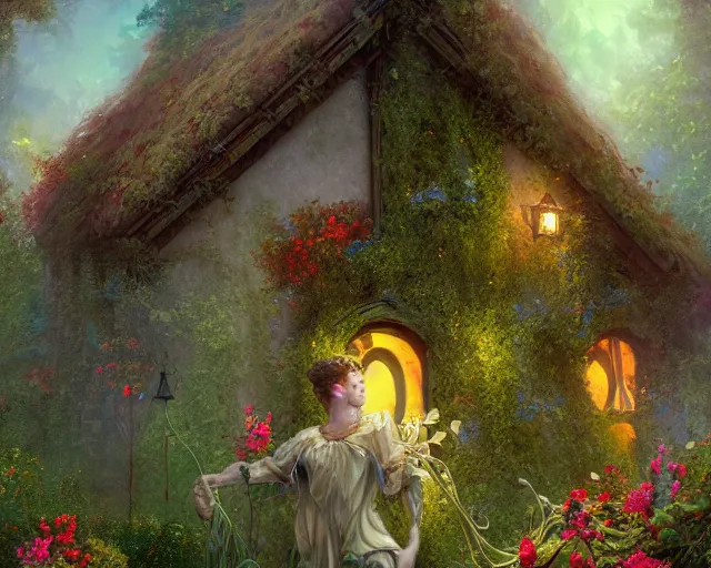 Image similar to a male angel made of vines and flowers and moss, standing in front of a beautiful cottage, a digital painting by thomas canty and thomas kincade and ross tran, art nouveau, atmospheric lighting, trending on artstation