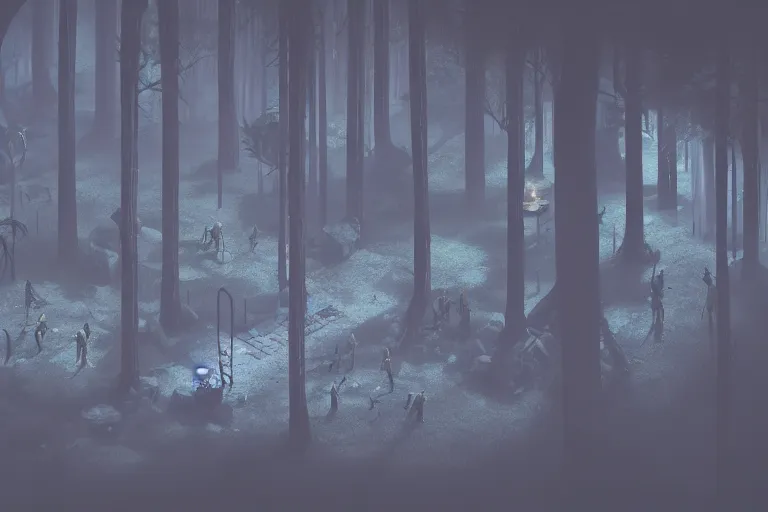 Prompt: Isometric dark moonlit forest RPG level, 3d render, octane render, by Greg Rutkowski