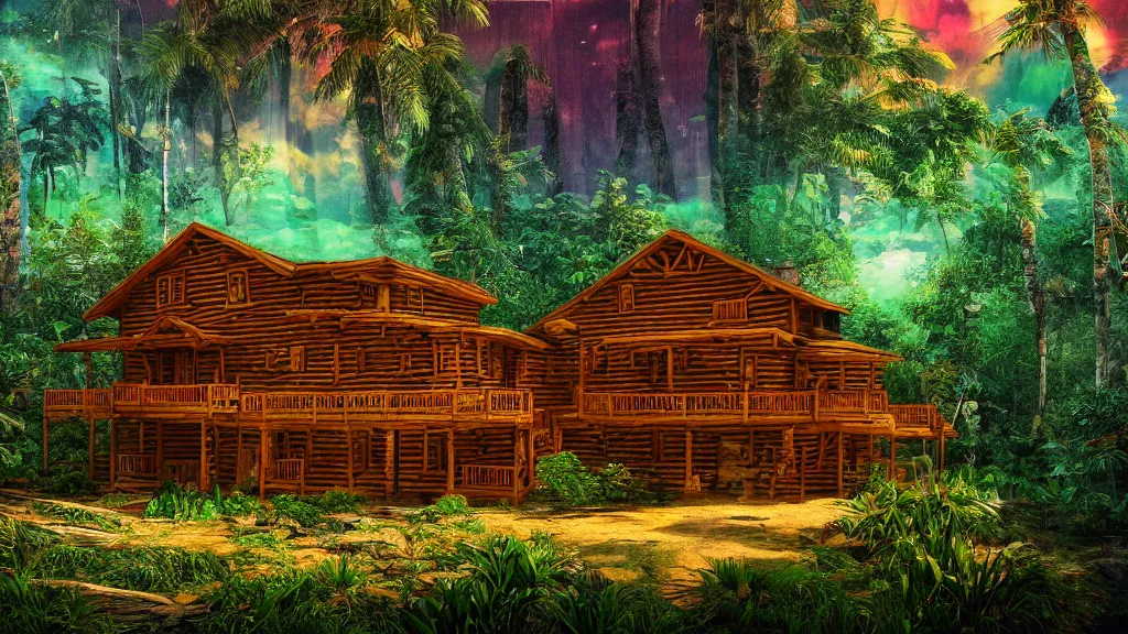 Image similar to golden log cabin in a vaporwave jungle, 4k, ultra realistic, award winning Photograph