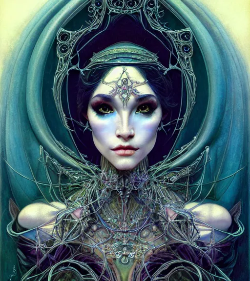 Prompt: symmetrical portrait, a beautiful female sorceress in dress, pretty, detailed and intricate, perfect body shape, perfect face, hypermaximalist, elegant, ornate, luxury, elite, matte painting, cinematic lighting, james jean, brian froud, wayne barlowe