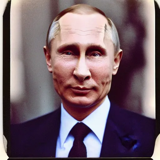 Image similar to polaroid photo of vladimir putin getting slimed, about 7 0 years old, with wrinkles on his face, looking towards infinity with a sad look, a two - day beard and a woolen cap while his lips are chapped by the sun, as well as his dark complexion