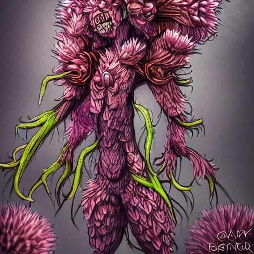 Image similar to A humanoid plant monster, highly detailed, digital art, sharp focus, trending on art station, thistle, anime art style