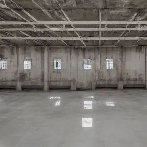 Image similar to warehouse interior in the brutalist style