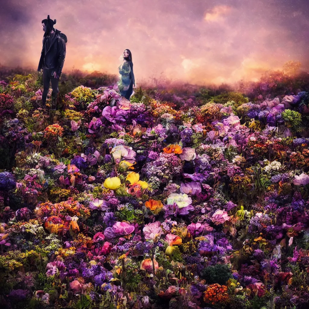 Image similar to a planet of various flowers, fungus and plants, in which the human figure is dressed in something magical and impressive, inside the picture is infinity, sunset light, Atmospheric phenomenon, artistic photography, muted colors, conceptual, long exposure outside the city