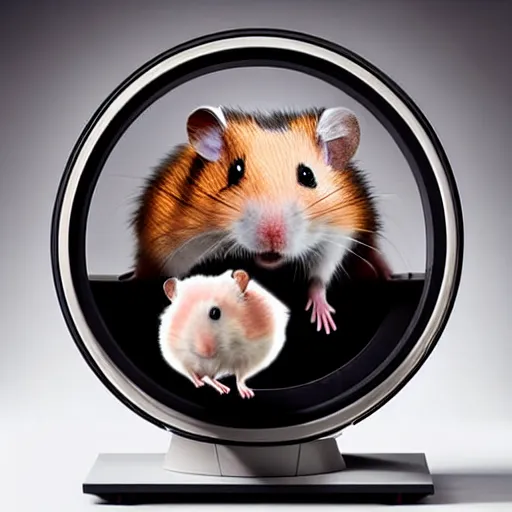 Image similar to uhd robotic hamster running in a hamster wheel. photo by annie leibowitz