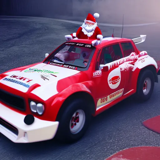 Prompt: Santa Clause driving a rally car he is going fast there is smoke coming from the tires, octane render, realistic lighting, realistic shadows, highly reflective