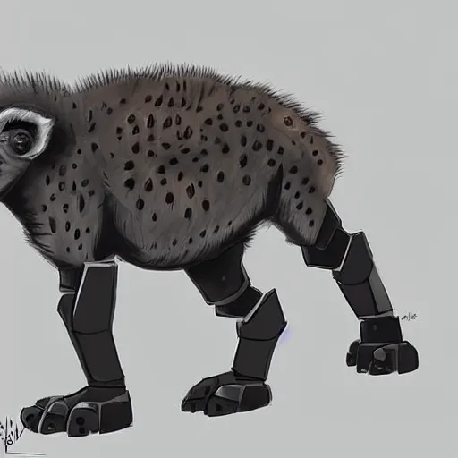 Image similar to cute baby robot hyena, small, highly detailed concept art