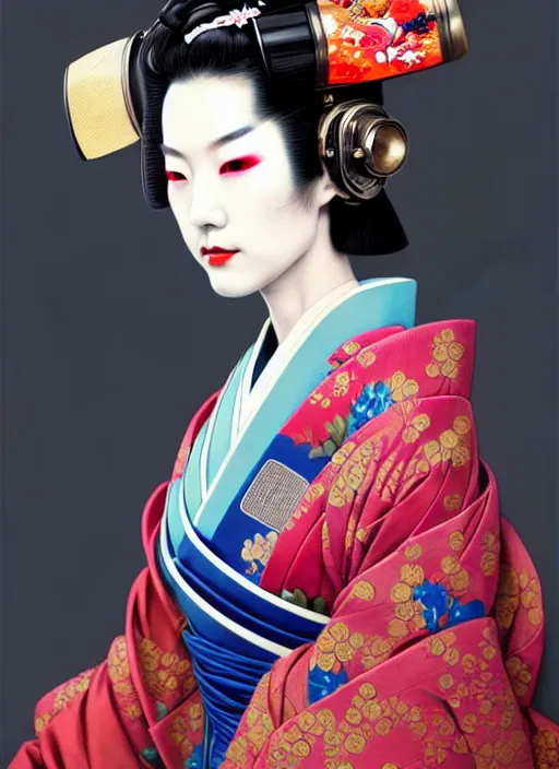 Prompt: sensual japanese geisha wearing vr eyepiece, intricate geisha kimono, robotic, android, cyborg, cyberpunk face, steampunk, fantasy, intricate, elegant, highly detailed, colorful, vivid color, digital photography, cool warm lighting, futurism, artstation, concept art, art by artgerm and greg rutkowski and ruan jia,