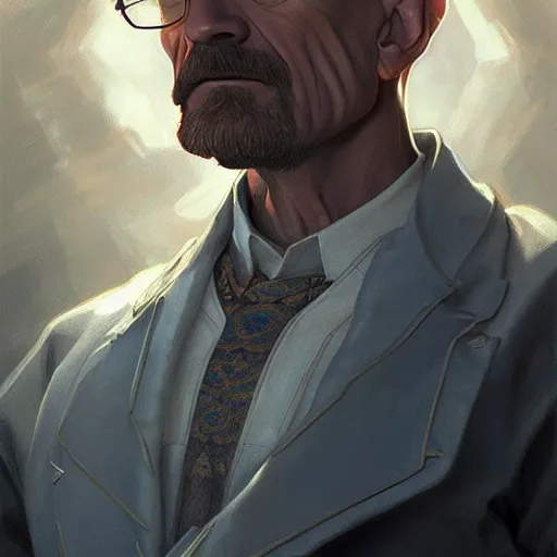 Image similar to walter white, d & d, fantasy, intricate, elegant, highly detailed, digital painting, artstation, concept art, matte, sharp focus, illustration, hearthstone, art by artgerm and greg rutkowski and alphonse mucha