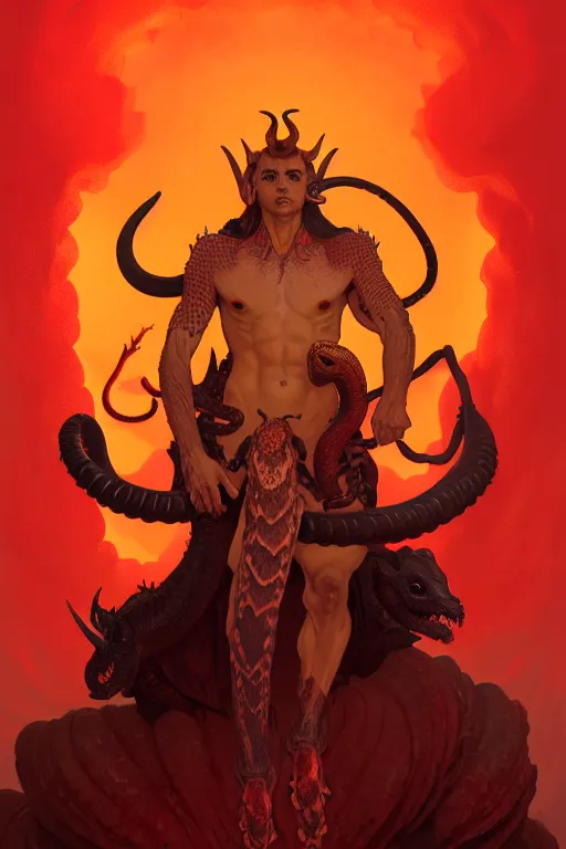 Image similar to portrait of a beautiful young fit male demon with ram horns, scaly snake like body, hellish scene, by greg rutkowski and alphonse mucha, d & d character, gradient red to yellow, in front of an hellish landscape background, highly detailed portrait, digital painting, artstation, concept art, smooth, sharp focus ilustration, artstation hq