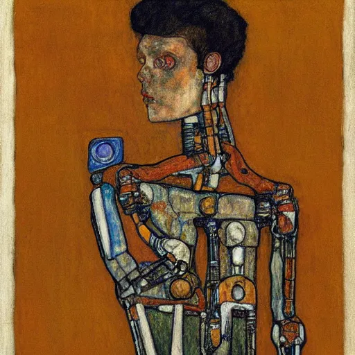 Prompt: portrait of a robot by egon schiele in the style of frank frazetta