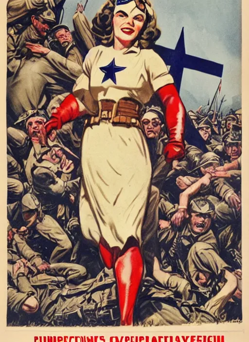 Prompt: beautiful jewish female captain america standing on a pile of defeated german soldiers. jewish feminist captain america wins wwii. american wwii propaganda poster by james gurney