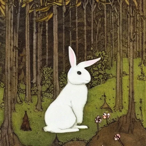 Prompt: a white rabbit in a forest, a pond in the foreground, in the style of John Bauer