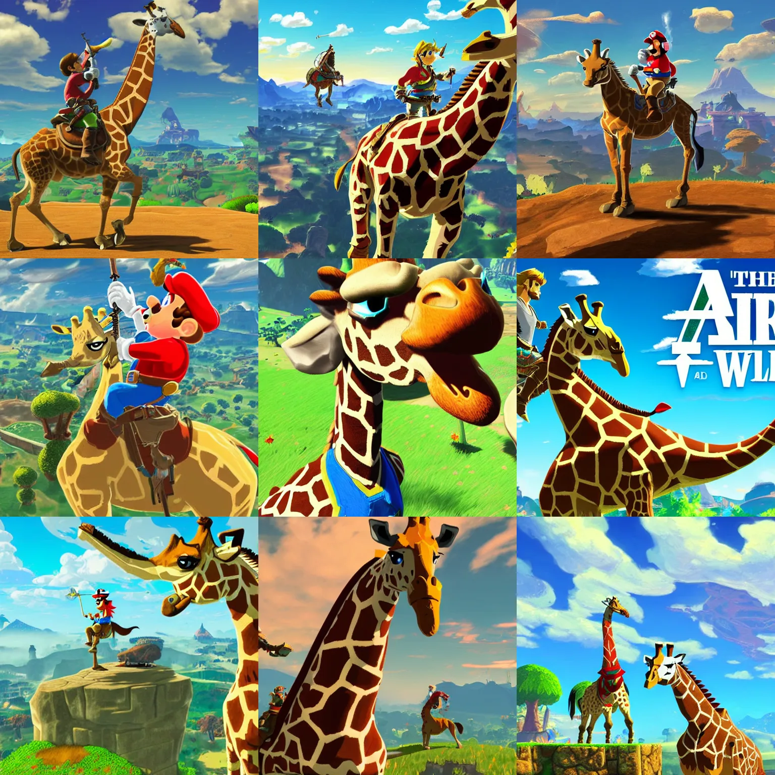 Prompt: mario riding a giraffe, breath of the wild, hd, nintendo, cell shaded,