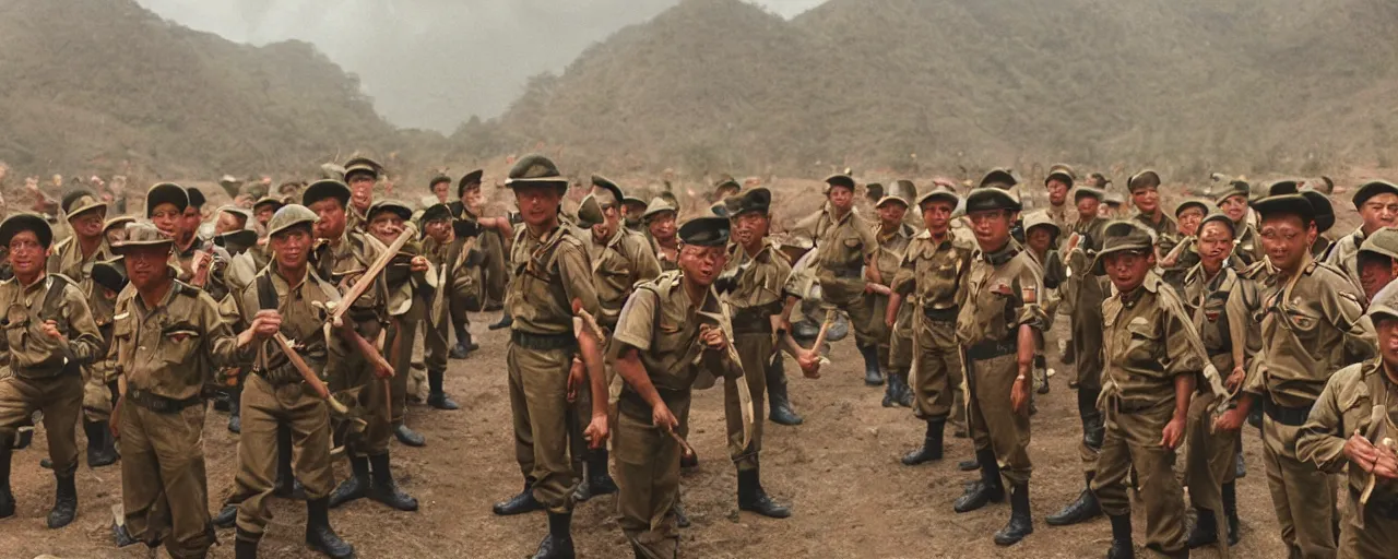 Image similar to a brigade of gurkhas pose valiantly after a well - foughtt victory, small details, intricate, 5 0 mm, cinematic lighting, photography, wes anderson, film, kodachrome