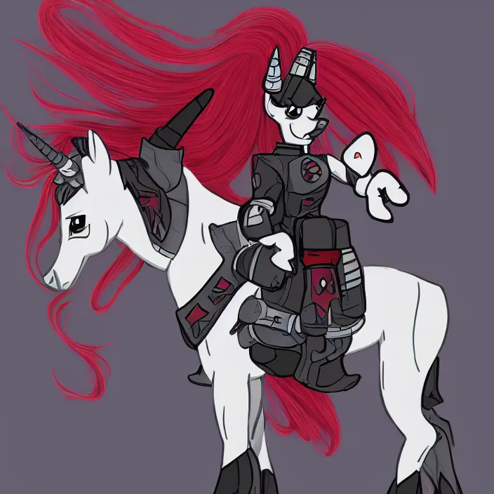 Image similar to Fallout Equestria Project Horizons | Blackjack Character Fanart | White MLP Unicorn Mare with red and black shaggy hair, and bright, robotic eyes. | Cutie Mark is: Ace and Queen of Spades | Trending on ArtStation, Digital Art, MLP Fanart, Fallout Fanart | Blackjack sitting and looking depressed at the viewer | Hyperrealistic CGI Photorealistic Cyborg Unicorn