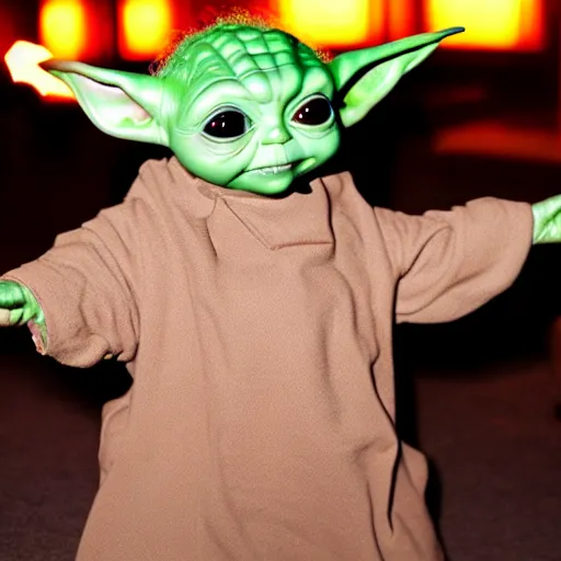 Prompt: baby yoda at the club at night dancing