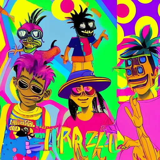 Image similar to album cover for the band gorillaz, by lisa frank, hypersaturated, various colors, ultra detailed, 8 k