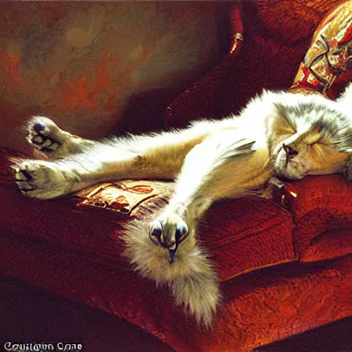 Prompt: a portrait of a furry alien sleeping on the couch. highly detailed painting by gaston bussiere, craig mullins, j. c. leyendecker, furry