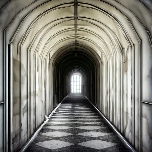 Image similar to a long shadowy asylum hallway, arched ceiling, one point perspective, vanishing point, symmetrical composition, rich colors, dramatic lighting, by lee madgwick, photorealistic, v - ray render 8 k uhd