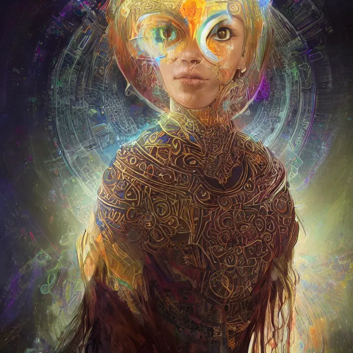 Image similar to portrait of a future metaverse ayahuasca tech shaman warrior, 2 d cartoon, visionary art, symmetric, magick symbols, holy halo, shipibo patterns, sci - fi, concept art, trending on art station, 8 k digital art, by mandy jurgens, fantasy portrait art, anime