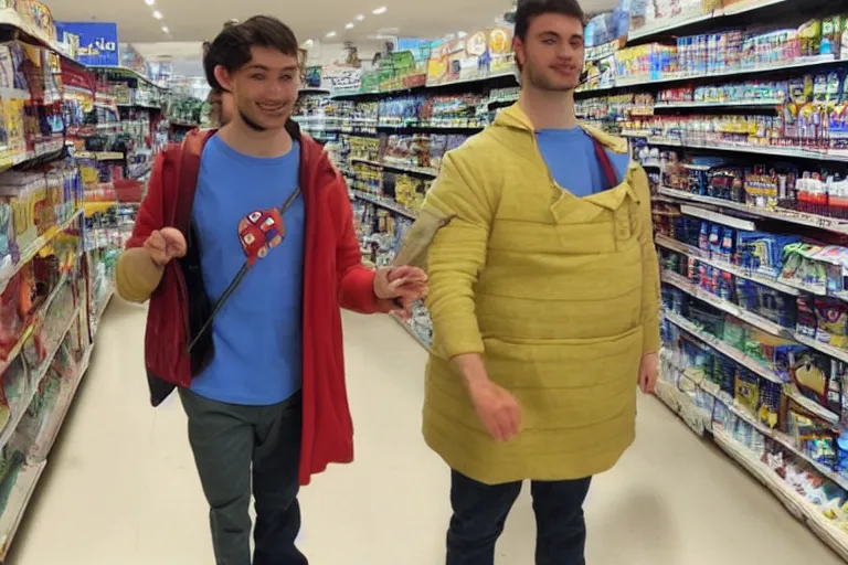 Prompt: a real life finn from adventure time shopping for groceries