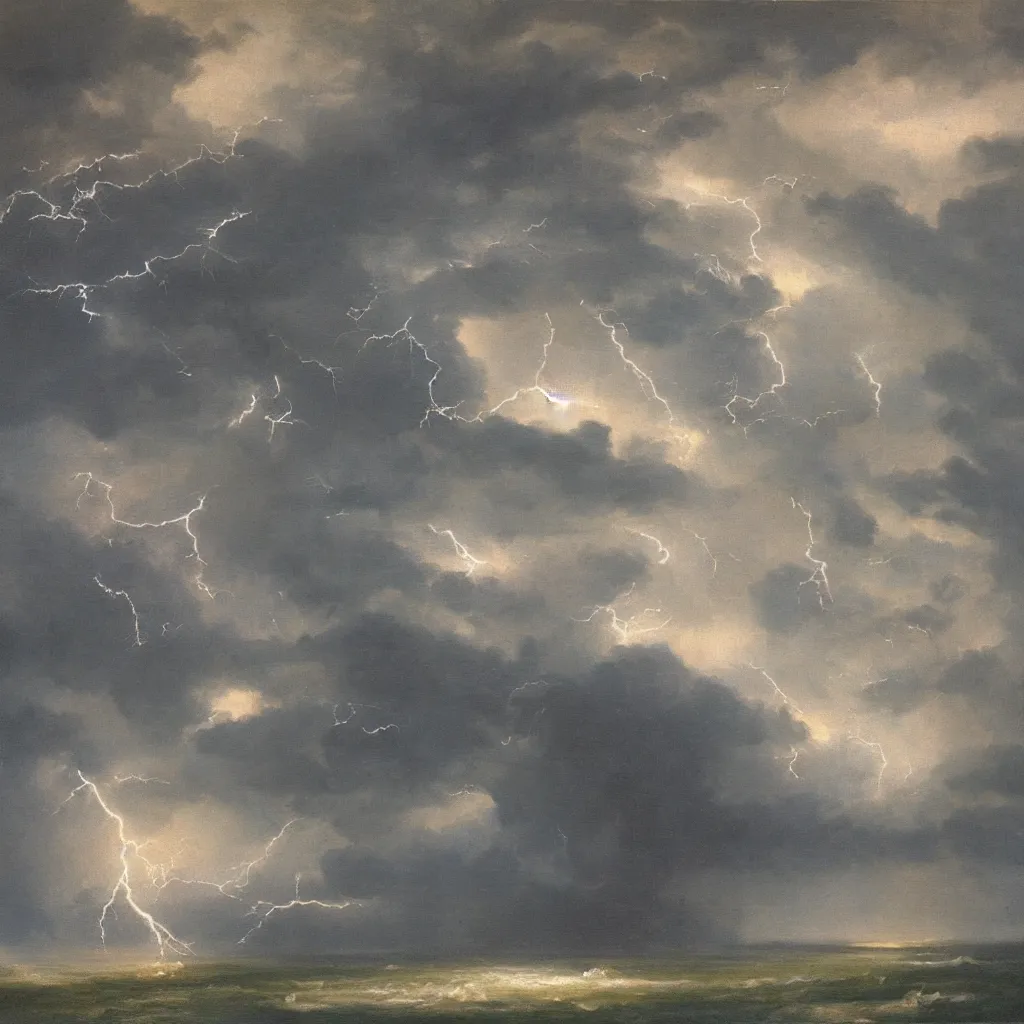 Image similar to thunderstorm with lots of lightning, oil painting