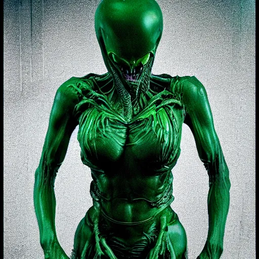 Image similar to xenomorph queen human hybrid, dragon eggs, dark emerald mist colors, giger void liminal backfill, realistic, award winning photograph, various refining methods, micro macro autofocus