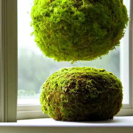 Prompt: photo of kokedama moss ball planter by window