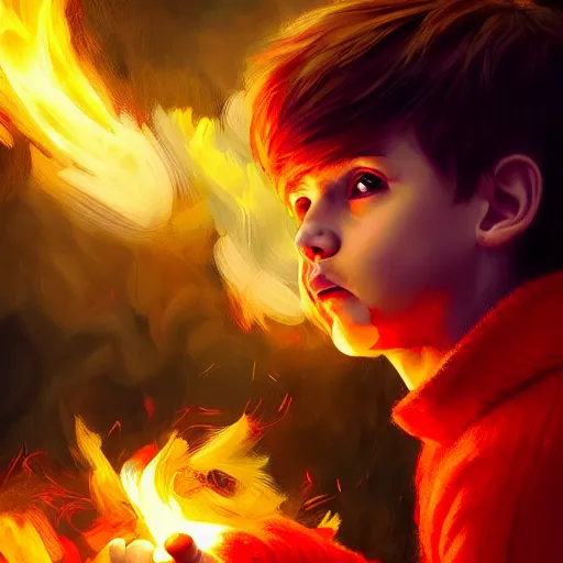 Image similar to colorful and festive captivating young child boy, brown fluffy hair, wearing red and yellow clothes, shooting a fire ball out of his fist. rich vivid colors, ambient lighting, dynamic lighting, 4 k, atmospheric lighting, painted, intricate, highly detailed by charlie bowater