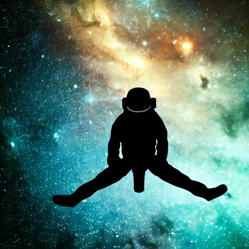 Image similar to astronaut silhouette with arms extended forward, bottom of arms lit by light coming from off camera, light coming from below, starry sky background, lit from below, full body photo,, 8 k