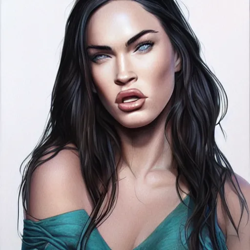 Prompt: megan fox licking her lips in anticipation, hyperrealistic portrait, photo realistic, poster, artstation, volumetric lighting, digital art, very detailed face by magali villeneuve