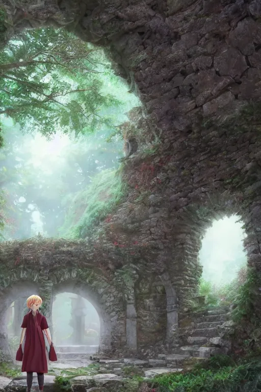 Image similar to a highly detailed matte painting of a teenager with shaggy hair and hip clothes standing in front of a stone gate in the elven forest ruins, by studio ghibli, by artgerm, by wlop, by greg rutkowski, red tones, volumetric lighting, octane render, 4 k resolution, trending on artstation, masterpiece