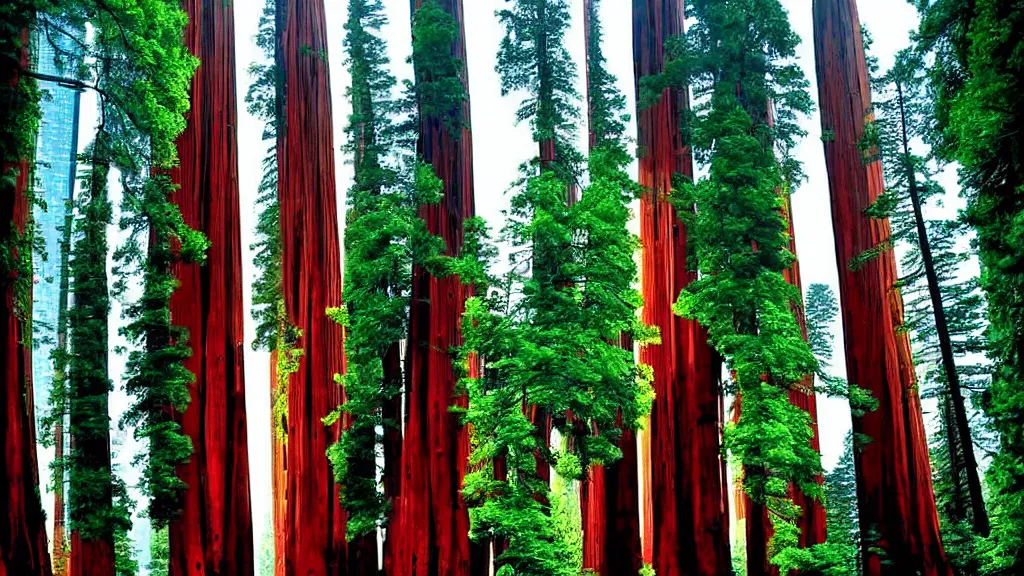 Prompt: Futuristic City in Harmony with Nature(Redwood Trees) by bruce mccall and Klaus Bürgle; Location: San Francisco, California;