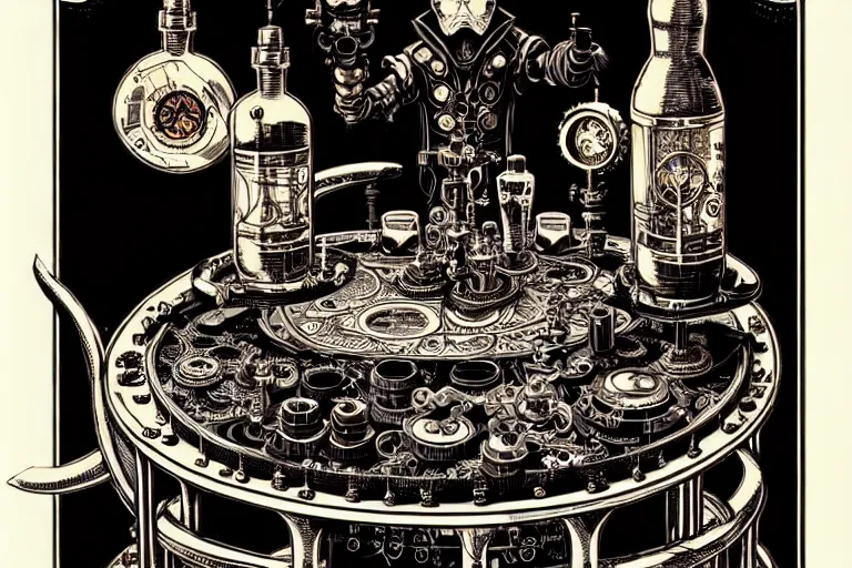 Image similar to steampunk alchemist ornate table, furniture, high details, bold line art, by vincent di fate and joe fenton, inking, etching, screen print, masterpiece, trending on artstation, sharp, high contrast, hd, 4 k, 8 k