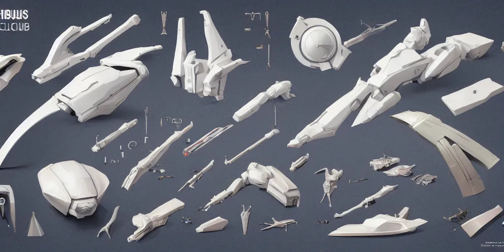 Image similar to collection of futuristic sci - fi props and gadget moebius items hard surface kitbash parts shape and form in watercolor gou