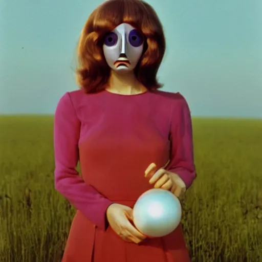 Prompt: glamorous woman with an inflatable spherical prosthetic nose, cardboard googly eyes, 1 9 7 5, color, tarkovsky, medium - shot 1 6 mm film, in meadow