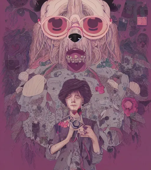 Image similar to portrait, nightmare anomalies, leaves with a dog by miyazaki, violet and pink and white palette, illustration, kenneth blom, mental alchemy, james jean, pablo amaringo, naudline pierre, contemporary art, hyper detailed