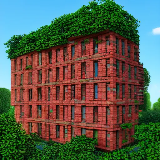 Prompt: cubic building made of bricks, overgrown with vegetation, one-point perspective, CG society, 4k, 8k