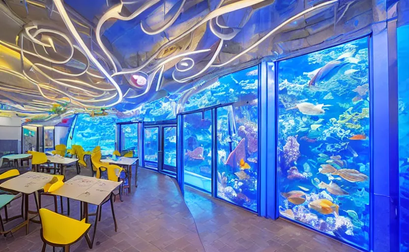 Image similar to inside a fastfood fish restaurant, fluorescent light, bright, atlantis theme, an aquarium at the wall, at the end is a giant door with stairs in front of it