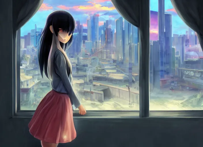 Image similar to anime girl in skirt looking out the window at megopolois and sunset, dynamic composition, motion, ultra-detailed, incredibly detailed, a lot of details, amazing fine details and brush strokes, colorful and grayish palette, smooth, HD semirealistic anime CG concept art digital painting, watercolor oil painting of Clean and detailed post-cyberpunk sci-fi close-up schoolgirl in asian city in style of cytus and deemo, blue flame, relaxing, calm and mysterious vibes,, by a Chinese artist at ArtStation, by Huang Guangjian, Fenghua Zhong, Ruan Jia, Xin Jin and Wei Chang. Realistic artwork of a Chinese videogame, gradients, gentle an harmonic grayish colors. set in half-life 2, Matrix, GITS, Blade Runner, Neotokyo Source, Syndicate(2012), dynamic composition, beautiful with eerie vibes, very inspirational, very stylish, with gradients, surrealistic, dystopia, postapocalyptic vibes, depth of field, mist, rich cinematic atmosphere, perfect digital art, mystical journey in strange world