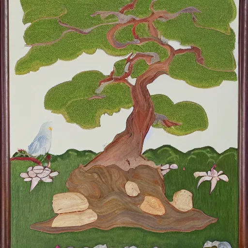 Image similar to joe biden meditates under the bodhi tree, tempera on wood