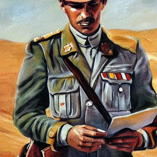 Prompt: medium shot painting of an italian soldier texting a letter to his beloved in wwII, behind him the desert of El Alamein