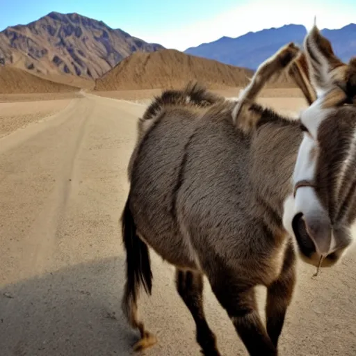 Prompt: death valley's invasive donkeys have become cat food