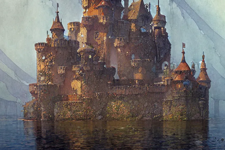 Prompt: castle under the water, character design, painting by jean giraud, greg rutkowski, carl larsson