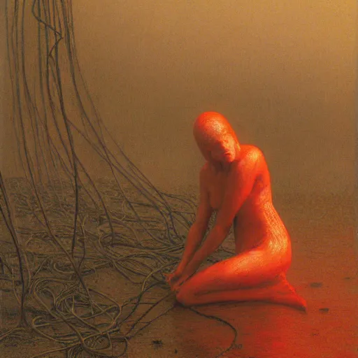 Image similar to evil, shore of the lake, woman, wrapped around by tubes and cables, short black curly hair, glowing red, by edgar maxence and ross tran, zdzisław beksinski, and michael whelan, distant, gustav dore, h. r. giger, 8 k, octane render